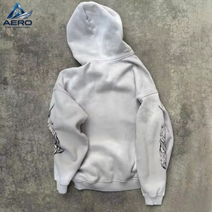Ensemble de survêtement homme gris clair délavé à l'acide, avec sweat à capuche imprimé graphique vintage oiseau et pantalon de survêtement large à manches flamboyantes, 2 pièces - Product Image 4