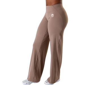 Pantalones de Yoga de Pierna Ancha para Mujer, Cintura Alta, Control de Abdomen, Elásticos, Suaves, Color Mocha, Ajuste Cómodo - Product Image 1