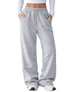 Pantalones Deportivos de Felpa para Mujer, Color Gris Claro, Pierna Ancha, Cintura Elástica con Cordón, Corte Holgado Informal, Mezcla de Algodón - Product Image 1