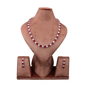 Ensemble de bijoux de luxe pour femmes, collier et boucles d'oreilles tennis carrées en laiton de haute qualité avec rubis rouge et zircon cubique, idéal pour mariage et mariée - Product Image 1
