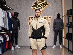 REXFIT SPORTS 2026 Ensemble veste et short en nylon crème et noir pour homme, personnalisé, avec fermeture éclair intégrale, style color block, vêtements de sport, marque privée - Product Image 2
