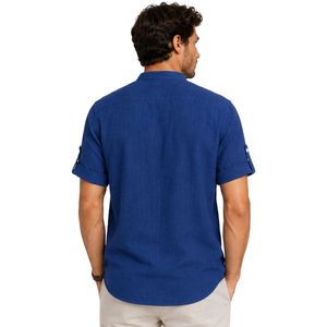 Camisa Henley de Lino para Hombre, Cuello Mao, Azul Rey, Manga Corta, Casual, Verano, Transpirable, Cierre de Botones, Personalizable OEM - Product Image 2