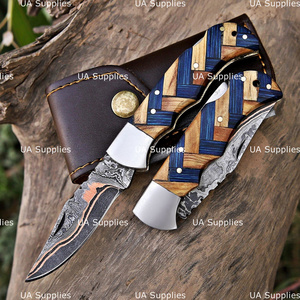 Couteau de poche pliant en cuivre damas forgé à la main, avec système de verrouillage arrière, fait main, EDC, pour le camping, la chasse, lame pointe clip, manche en bois - Product Image 6