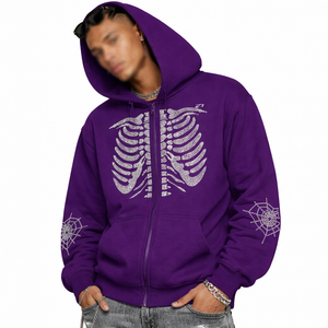 Sudaderas con capucha de algodón polar moradas con cremallera completa y gráfico de esqueleto de diamantes de imitación, estilo streetwear personalizado para hombre, proveedor de producción de ropa al por mayor - Product Image 1