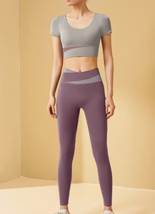 Women Sporty 2 Piece Set Knitted Crop <b>Top</b> Full Length Pants Color Blocking Breathable Spandex Cotton Pockets Regular Fit All - Product Image 2