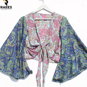 Top Corto de Seda para Mujer, Estilo Hippie Retro Vintage Boho, Floral, Ecológico, con Mangas Campana y Lazo Frontal, Casual, para Regalo - Product Image 1