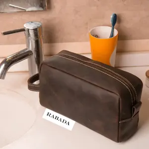 RABADA Large Capacity Custom Black Fashion Men Cowhide Travel Shaving Bags Genuine Leather Cosmetic Pouch For Men