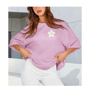 Nouvel Arrivage T-shirt Décontracté Femme Imprimé Numérique 100% Coton Manches Courtes Grande Taille Épaules Tombantes Confortable Fabriqué au Bangladesh - Product Image 4