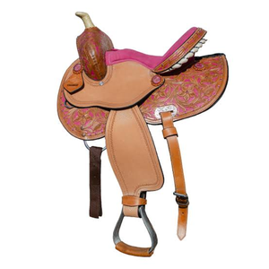 Selle de cheval western en cuir fleuri rose avec étriers décoratifs, équipement équestre pour la course de barils, le ranch et les sentiers - Product Image 2