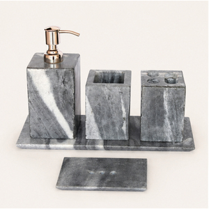 Handcrafted Luxury Natural Grey Marble Bathroom Accessory Set Soap Dispenser <b>Toothbrush</b> <b>Holder</b> Tumbler Soap Dish For Hotel - Product Image 3