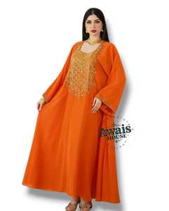 Awais House Orange Rayon Abaya Long Sleeve Floor Length Embroidered Modest Dress Women India Pakistan Daily Wear - Product Image 2