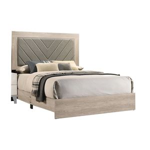 เตียงควีนไซส์สีครีมสไตล์ร่วมสมัยพร้อมหัวเตียงดีไซน์รูปตัววีสีเทา 1 ชิ้น โครงเตียงทำจากไม้ยางพาราหุ้มเบาะ เฟอร์นิเจอร์ห้องนอน - Product Image 5