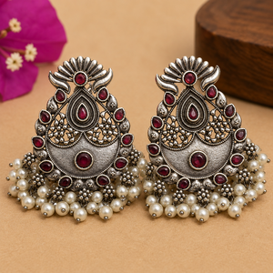 Boucles d'oreilles pendantes en forme de cloche en argent oxydé plaqué, serties de zircons, pour femme, style ethnique indien bohème, mariage - Product Image 1