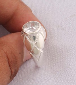 Wholesale 925 Sterling <b>Silver</b> Natural Clear Quartz <b>Ring</b> Vintage Geometric Textured Band Round Gemstone <b>Ring</b> <b>Men</b> Women Handmade - Product Image 2