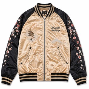 OEM ODM Luxury Premium Reversible Sukajan Bomber <b>Jacket</b> Stand Champagne Gold Satin Geisha Embroidered <b>Patchwork</b> Winter Front - Product Image 2