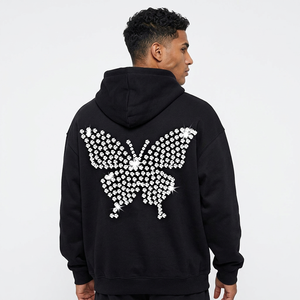 Sudadera con Capucha Negra Extra Grande para Hombre y Mujer, con Estampado de Mariposa con Pedrería en la Espalda, Estilo Hip Hop, Sudadera Informal - Product Image 5