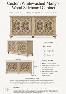 Buffet en bois massif blanchi, écologique et durable, avec portes sculptées à la main à motifs floraux, pour intérieurs de luxe - Product Image 6