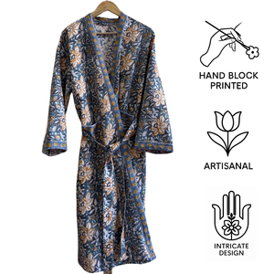 Peignoir long kimono en coton gaufré imprimé à la main bleu beige pour femmes et hommes, vente en gros personnalisée B2B, compressé, Jaipur - Product Image 3
