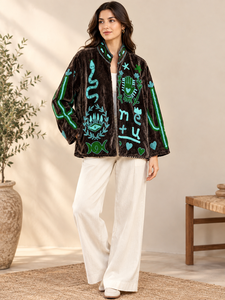<b>Velvet</b> Embroidered Mandarin Collar Jacket <b>Women</b> Full Sleeve Lantern Sleeve Autumn <b>Coat</b> Hand Embroidery Pattern Boxy Fit - Product Image 1