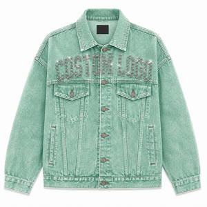 Chaqueta de Mezclilla Lavada para Hombre, Color Verde Sólido, Cuello Camisero, Estilo Casual de Primavera, Corte Regular, Material de Algodón, Cierre de Botones - Product Image 1