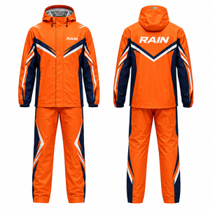 RAIN <b>Men's</b> Hooded Waterproof Sporty Embroidered Sublimation Printed Varsity <b>Jacket</b> Blue Orange <b>White</b> PU Coated Zipper Closure - Product Image 1