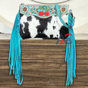 Handcrafted Tooled Cowhide Leather Cherry Motif Fringe <b>Bag</b> Western Style Large Capacity Shoulder Crossbody Travel <b>Bag</b> for Ladies - Product Image 1