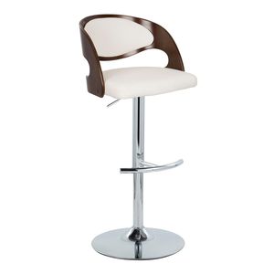 Tabouret de bar réglable Pino Mid Century Modern avec base pivotante en métal chromé, bois de cerisier, simili cuir blanc et pieds en T arrondis - Product Image 2