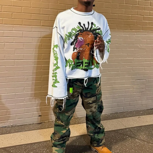 T-shirt court blanc oversize pour homme Aurlot, imprimé graphique vintage, ourlet brut, manches courtes, col rond, streetwear, hip hop, décontracté - Product Image 2