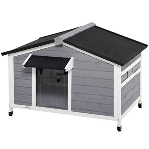 Cuccia per Cani da Esterno Stile Cabina in Legno di Abete Grigio con Tetto Apribile e Finestre Inferiori Rimovibili, Tende e Coperture per Piedi Incluse - Product Image 1