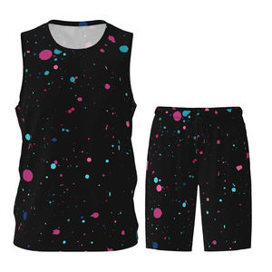 Conjunto de camiseta de baloncesto con estampado de puntos negros para hombre, camiseta sin mangas con pantalones cortos con cordón, poliéster transpirable para todas las estaciones - Product Image 4
