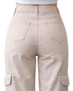 Jean cargo en denim kaki taille haute à jambe large personnalisé avec poches latérales, style urbain, pantalon décontracté ample pour femme, personnalisable OEM - Product Image 4