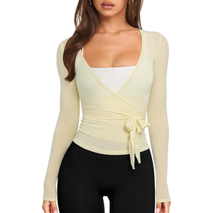 Top de Yoga de Manga Larga con Cuello Cuadrado para Mujer, con Capa Transparente y Amarre Frontal, Color Sólido, Transpirable, Ropa Deportiva - Product Image 1
