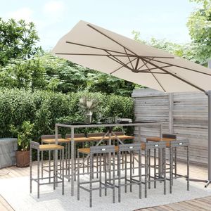11 pezzi grigio Poly Rattan e legno massello Acacia Patio Bar Set mobili da esterno durevoli - Product Image 1