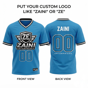 Maillot de football américain pour hommes, qualité supérieure, 220 GSM, maille polyester, impression numérique personnalisée, logo d'équipe, design à panneaux bleu, noir et blanc, ZAINI - Product Image 1