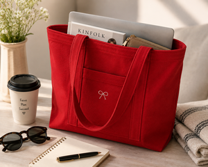 <b>Red</b> Canvas Tote Bag With <b>Bow</b> Embroidery Solid Color Minimalist Style All Seasons Shopping Bag - Product Image 1