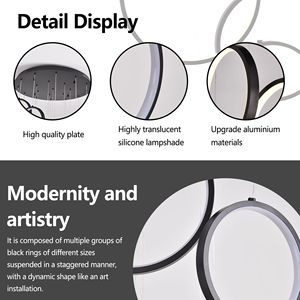 Modern Black LED <b>Chandelier</b> with 20 Ring High Ceiling 3000K CCT <b>Light</b> Fixture for Foyer Staircase Entryway Bar Remote Accessible - Product Image 4