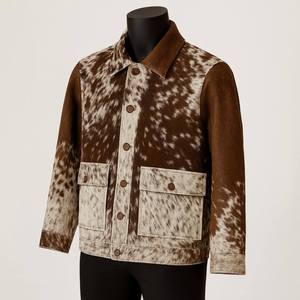 Veste de moto en cuir de vache véritable, faite à la main, avec fermeture à boutons brodés, motif animalier, col montant, pour femme. - Product Image 1