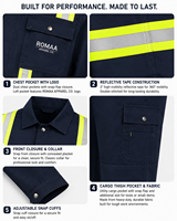 Combinaison de travail industrielle imperméable en spandex bleu marine et jaune citron haute visibilité, robuste, avec poches cargo et boutons-pression cachés