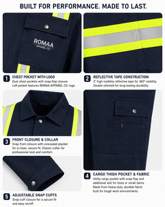Navy Blue Lime Yellow Hi Vis Spandex <b>Waterproof</b> Industrial Work Coverall Heavy Duty Mechanic <b>Overall</b> Cargo Pockets Hidden Snap - Product Image 3