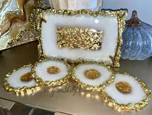 Handmade Tray & <b>Coaster</b> Set Resin <b>Agate</b> Tray Glass Rim Luxury Modern Dining Table Accent Coffee Table Serving Set - Product Image 6