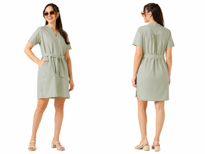 Elegant Green Cotton Summer Bohemian Party <b>Dress</b> Detachable Belt Short Sleeve V <b>Split</b> Neck Eco-Friendly Breathable Vintage - Product Image 1