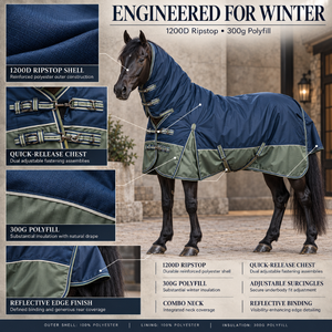 Manta de Invierno Premium para Caballo, 1200D Ripstop, con Aislamiento de Polifibra de 300g, Cuello Ajustable, Correas para el Pecho y Bordes Reflectantes - Product Image 5
