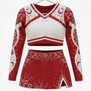 Uniforme de cheerleading pour femmes, jupe trapèze épaisse avec fentes latérales, ornée de strass thermocollés et de perles, personnalisable - Product Image 6
