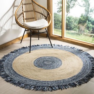 Tapis rond bohème en jute avec franges bleues, fait main, écologique, décoration de salon - Product Image 6