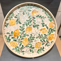Superbe plateau de service rond en bambou avec mosaïque de nacre et motif citronnier, plateau de luxe pour le thé et le café, vente en gros