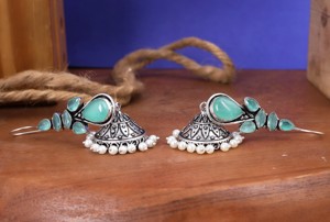 Bulk Order Wholesale <b>Oxidized</b> Silver Green Stone Fashion Dangle Earrings for Women Ready Stock Fast Shipping - Product Image 5