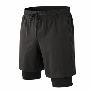 Shorts de sport pour hommes 2026 de haute qualité, noirs, à séchage rapide, écologiques, avec cordon de serrage à la taille, poches, longueur Bermuda, couleur unie, en polyester - Product Image 1