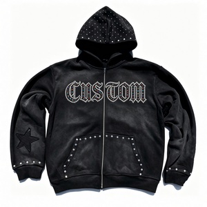 Sudadera con capucha negra extragrande personalizada con cremallera y pedrería, 100% algodón, tela suave, estilo vintage, para uso cómodo unisex. - Product Image 1