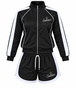 <b>Women</b>’s Black 2 Piece Tracksuit Set Custom Sportswear <b>Jacket</b> & Shorts Set Ladies Casual Athletic Tracksuit with White Stripes - Product Image 1