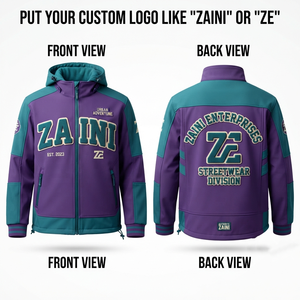 Veste Softshell ZAINI 220g en Polyester Peigné et Spandex, à Capuche, Col Montant, Écologique, avec Panneaux Violet et Teal, pour l'Automne - Product Image 1
